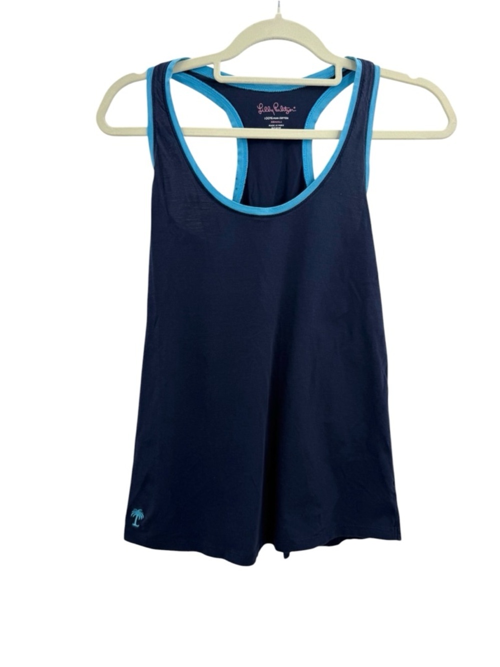 Lilly Pulitzer Navy Prima Cotton Racerback Palm Logo Preppy Coastal Resort Tank